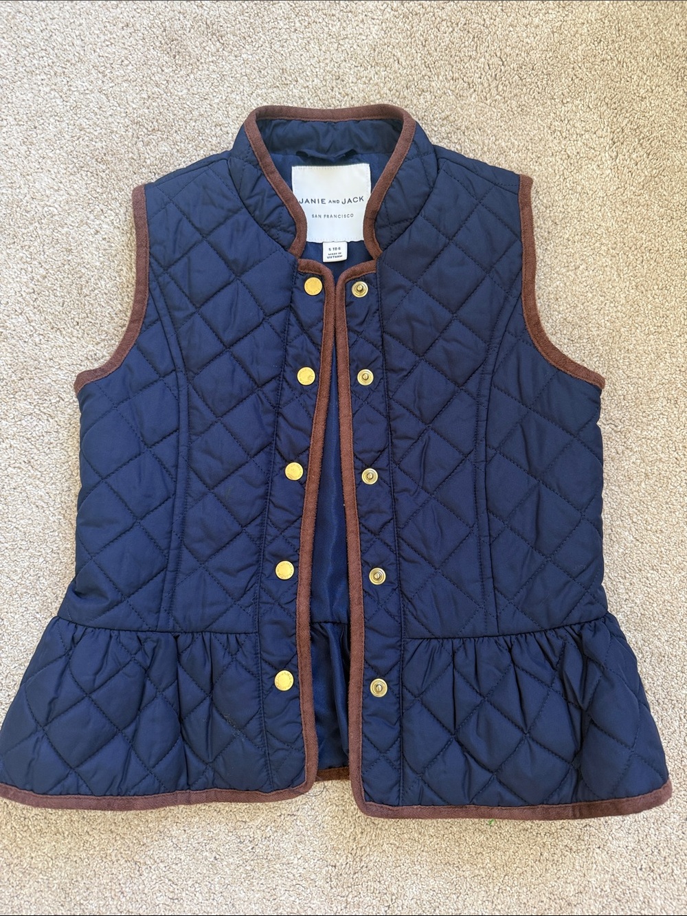 Janie and Jack Navy Quilted Vest with Brown Trim and Gold Buttons